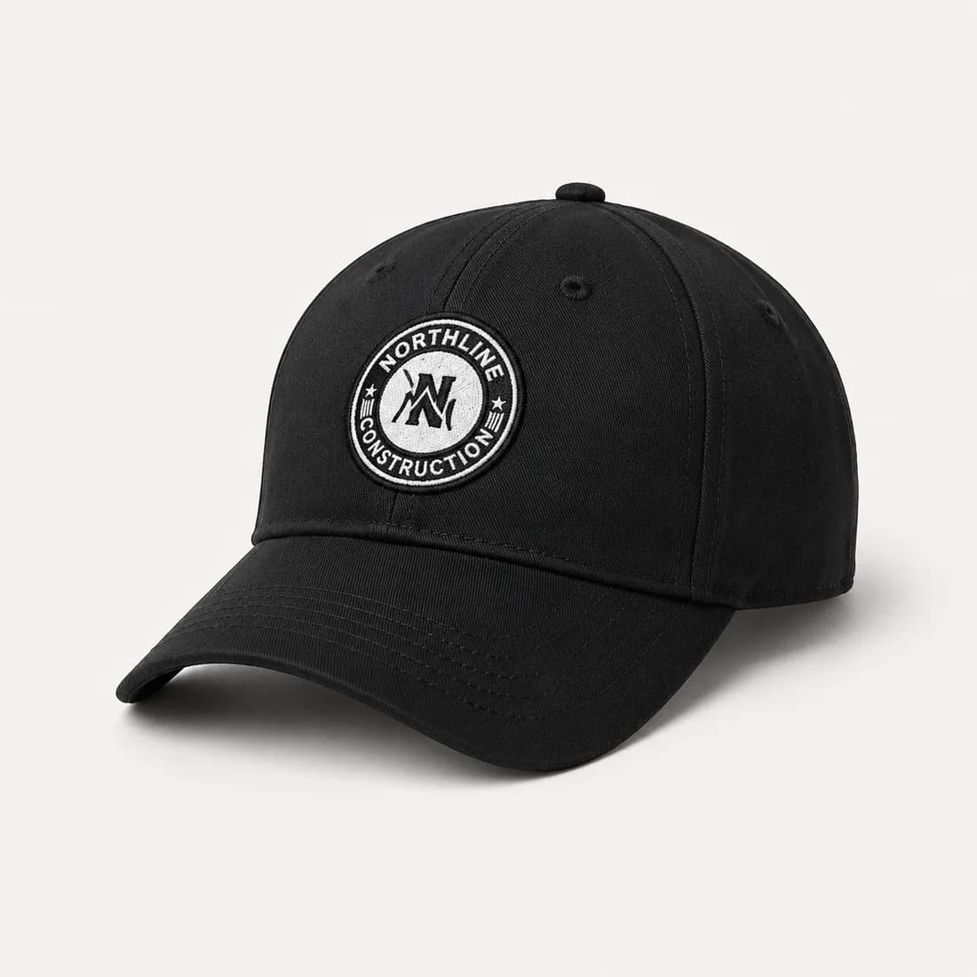 Black six-panel cap with an embroidered front patch