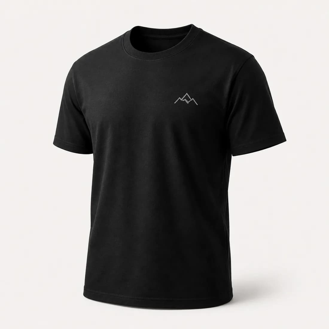 Black crew-neck T-shirt with an embroidered left-chest logo